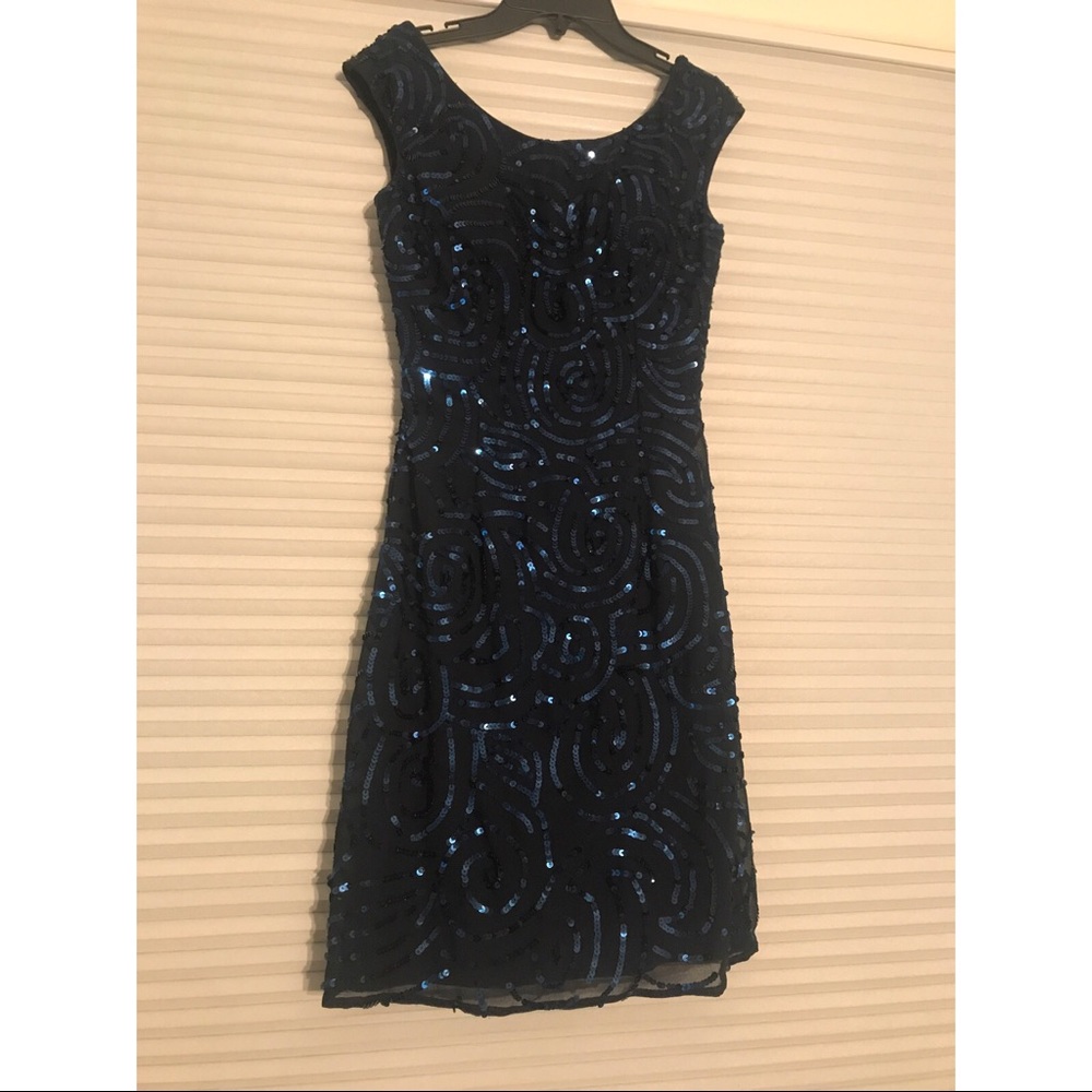 Navy with blue swirly sequin homecoming dress